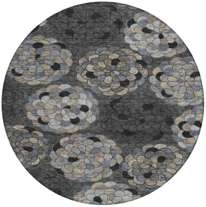 8' Black And Gray Round Floral Washable Indoor Outdoor Area Rug Photo 3