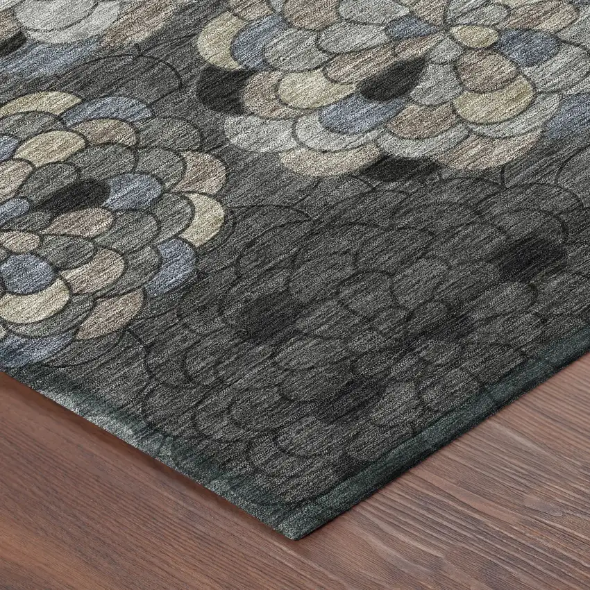 8' Black And Gray Round Floral Washable Indoor Outdoor Area Rug Photo 6