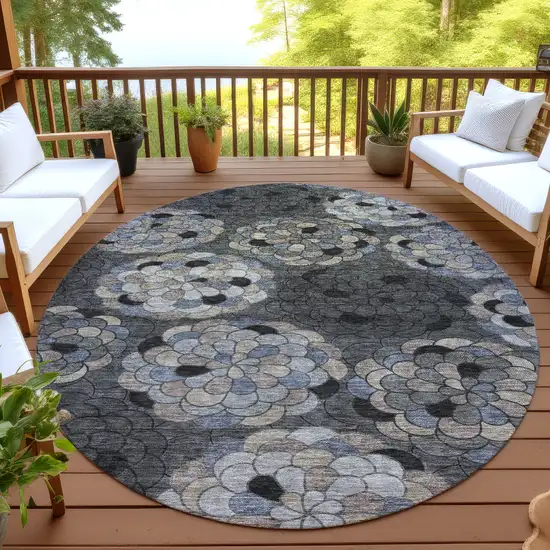 8' Black And Gray Round Floral Washable Indoor Outdoor Area Rug Photo 4