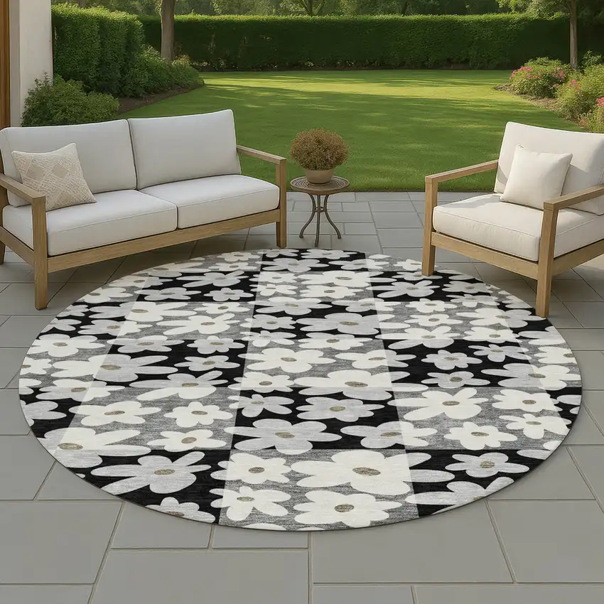 8' Black And Gray Round Floral Washable Indoor Outdoor Area Rug Photo 3