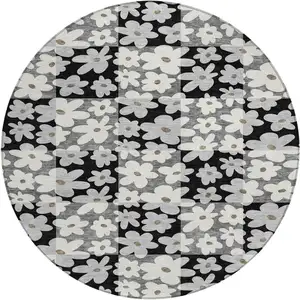 Photo of 8' Black And Gray Round Floral Washable Indoor Outdoor Area Rug