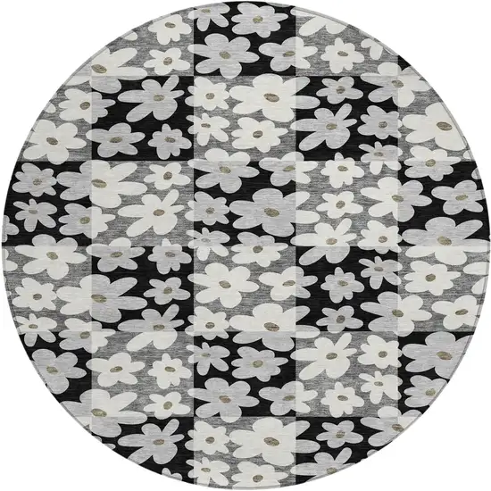 8' Black And Gray Round Floral Washable Indoor Outdoor Area Rug Photo 1