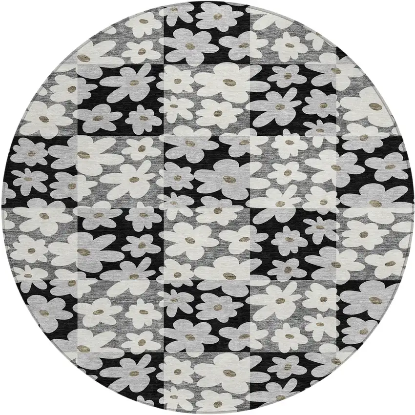 8' Black And Gray Round Floral Washable Indoor Outdoor Area Rug Photo 1