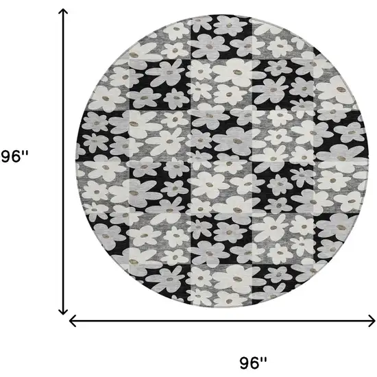 8' Black And Gray Round Floral Washable Indoor Outdoor Area Rug Photo 6