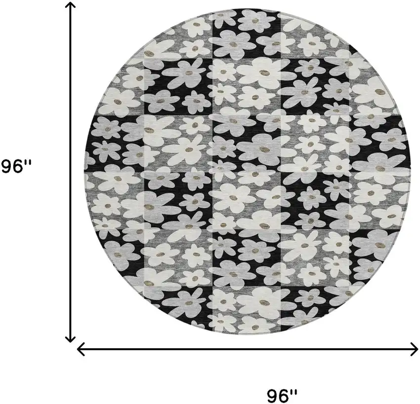 8' Black And Gray Round Floral Washable Indoor Outdoor Area Rug Photo 6