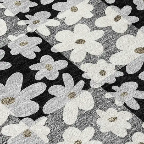 8' Black And Gray Round Floral Washable Indoor Outdoor Area Rug Photo 2