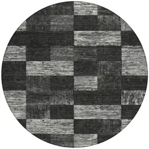 Photo of 8' Black And Gray Round Geometric Washable Indoor Outdoor Area Rug
