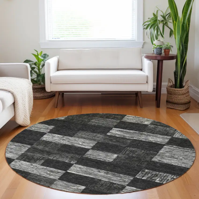 8' Black And Gray Round Geometric Washable Indoor Outdoor Area Rug Photo 8