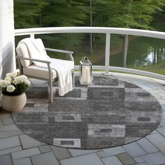 8' Black And Gray Round Geometric Washable Indoor Outdoor Area Rug Photo 6