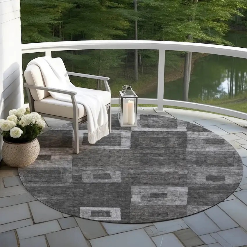 8' Black And Gray Round Geometric Washable Indoor Outdoor Area Rug Photo 6