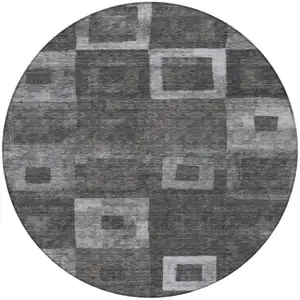 Photo of 8' Black And Gray Round Geometric Washable Indoor Outdoor Area Rug