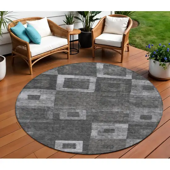 8' Black And Gray Round Geometric Washable Indoor Outdoor Area Rug Photo 1