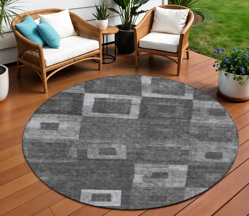 8' Black And Gray Round Geometric Washable Indoor Outdoor Area Rug Photo 1