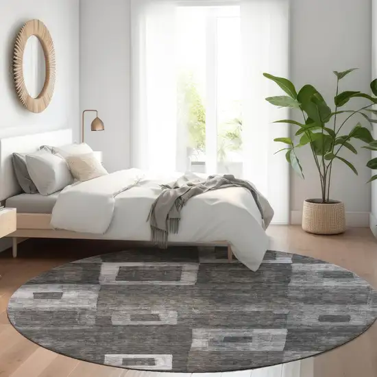 8' Black And Gray Round Geometric Washable Indoor Outdoor Area Rug Photo 7