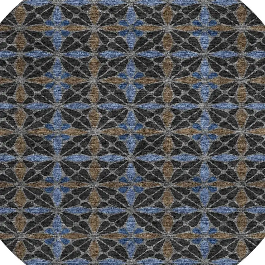 8' Black And Gray Round Geometric Washable Indoor Outdoor Area Rug Photo 2
