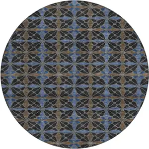 Photo of 8' Black And Gray Round Geometric Washable Indoor Outdoor Area Rug