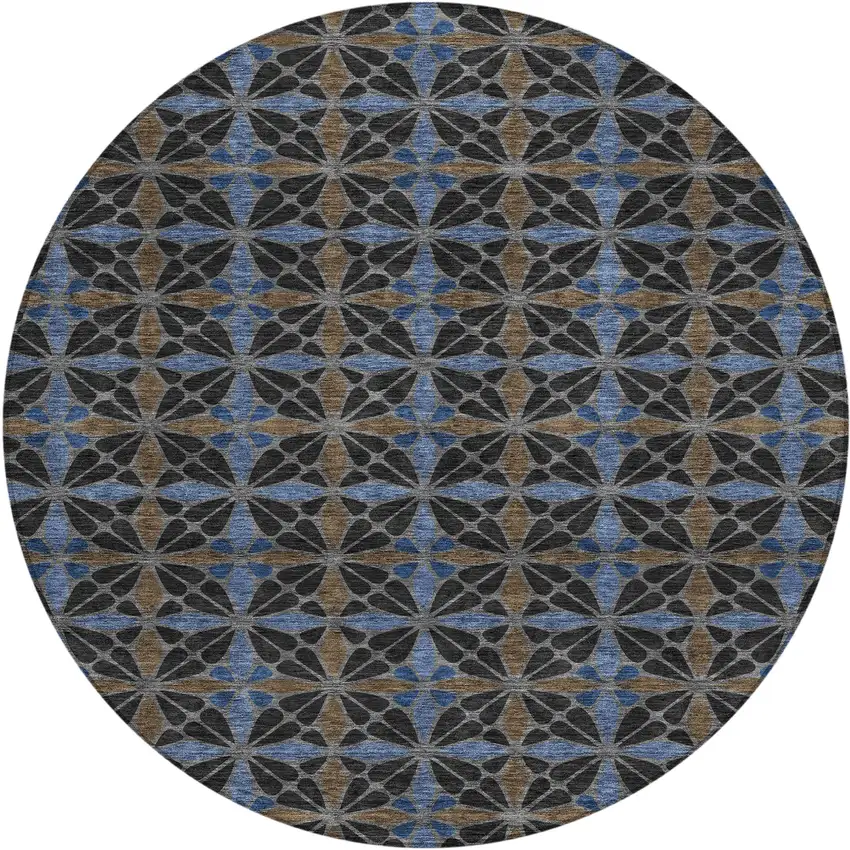 8' Black And Gray Round Geometric Washable Indoor Outdoor Area Rug Photo 1