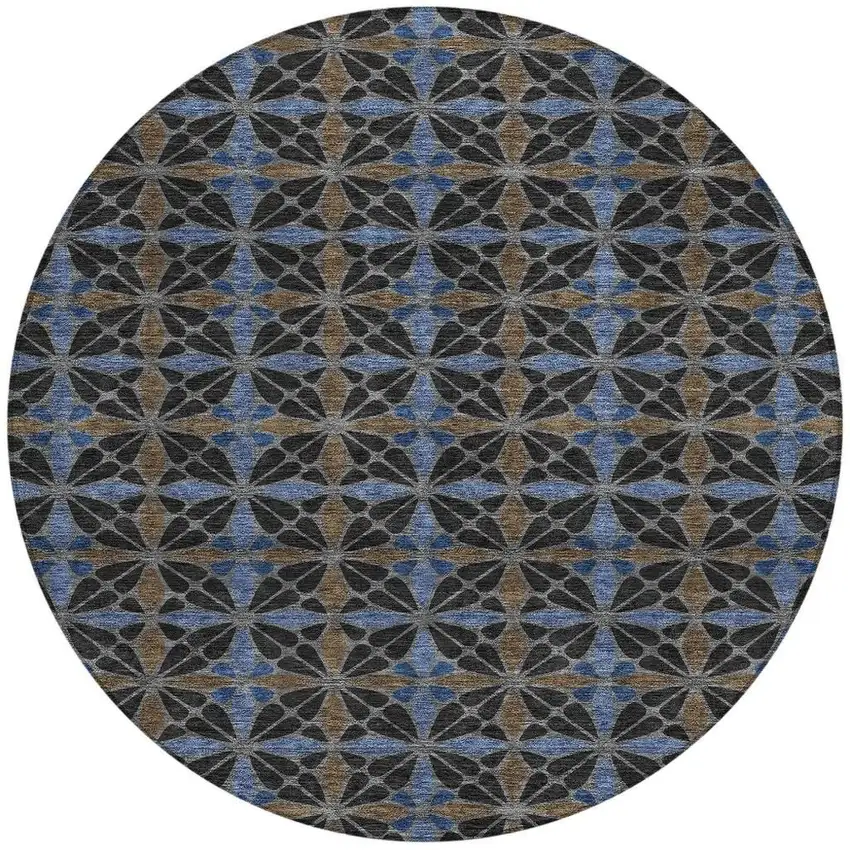8' Black And Gray Round Geometric Washable Indoor Outdoor Area Rug Photo 3