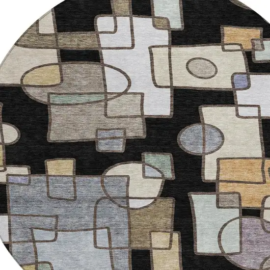 8' Black And Gray Round Geometric Washable Indoor Outdoor Area Rug Photo 2