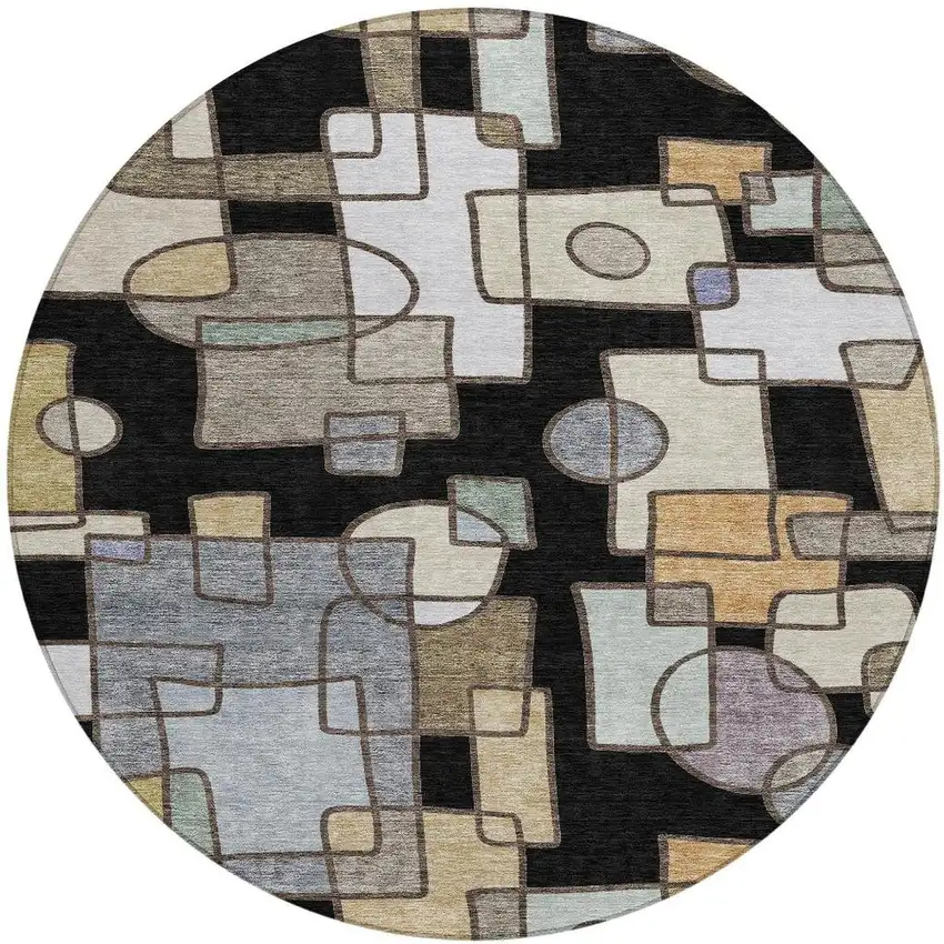 8' Black And Gray Round Geometric Washable Indoor Outdoor Area Rug Photo 3