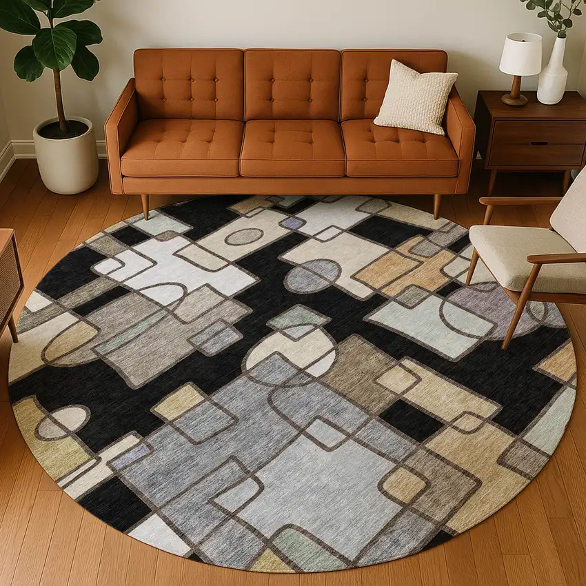 8' Black And Gray Round Geometric Washable Indoor Outdoor Area Rug Photo 5