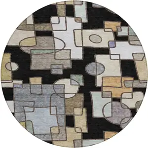 Photo of 8' Black And Gray Round Geometric Washable Indoor Outdoor Area Rug