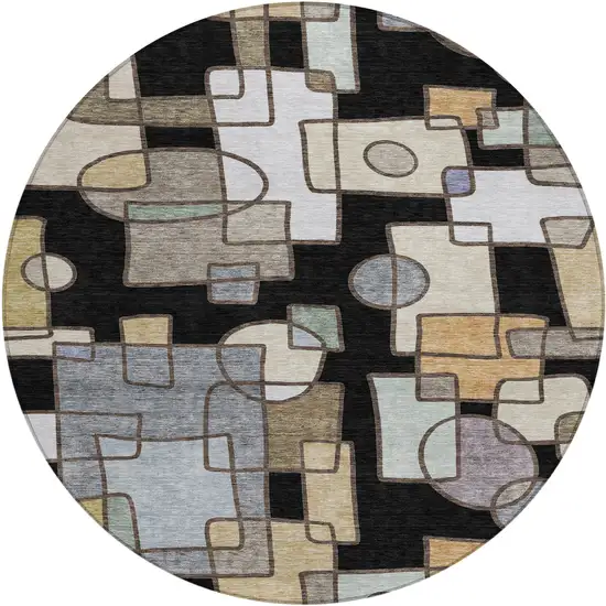 8' Black And Gray Round Geometric Washable Indoor Outdoor Area Rug Photo 1