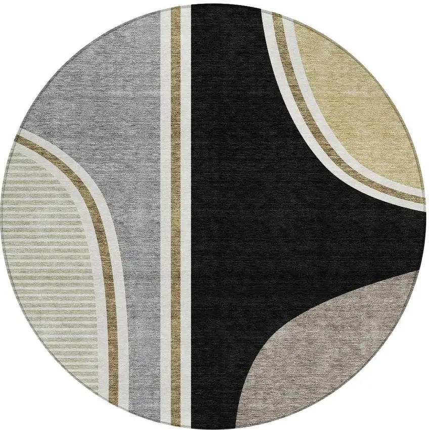 8' Black And Gray Round Geometric Washable Indoor Outdoor Area Rug Photo 3