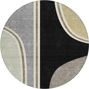 Photo of 8' Black And Gray Round Geometric Washable Indoor Outdoor Area Rug