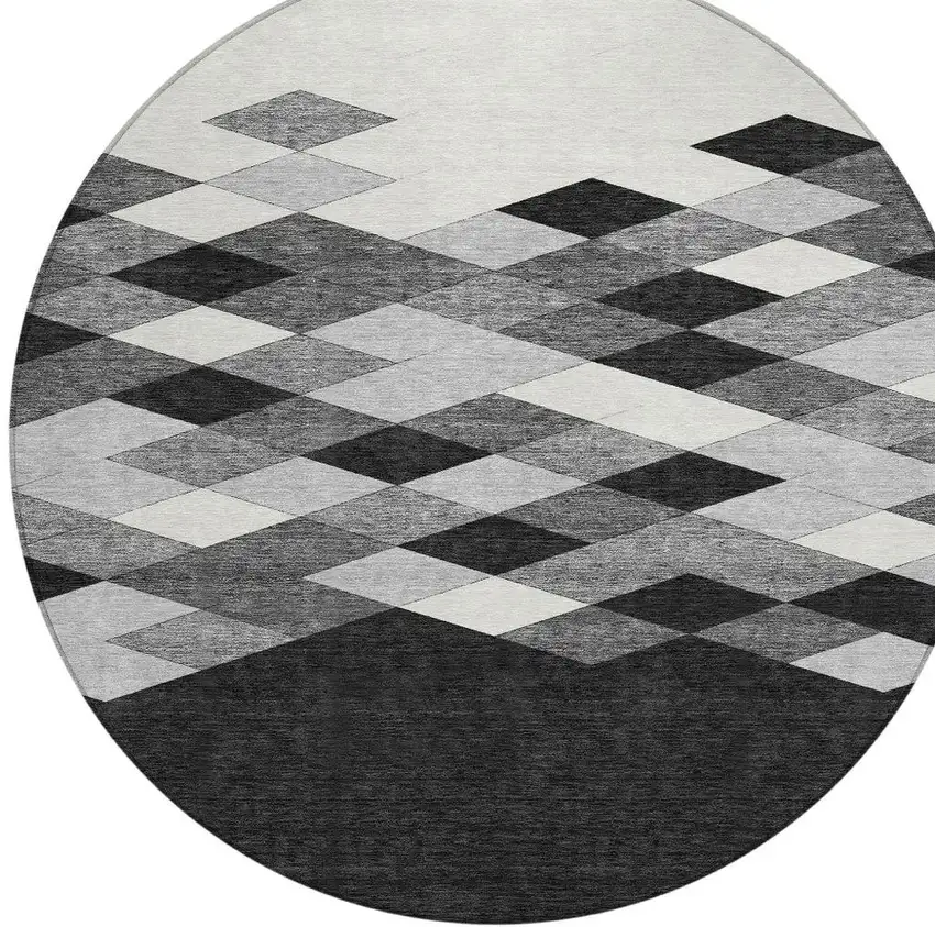 8' Black And Gray Round Geometric Washable Indoor Outdoor Area Rug Photo 3