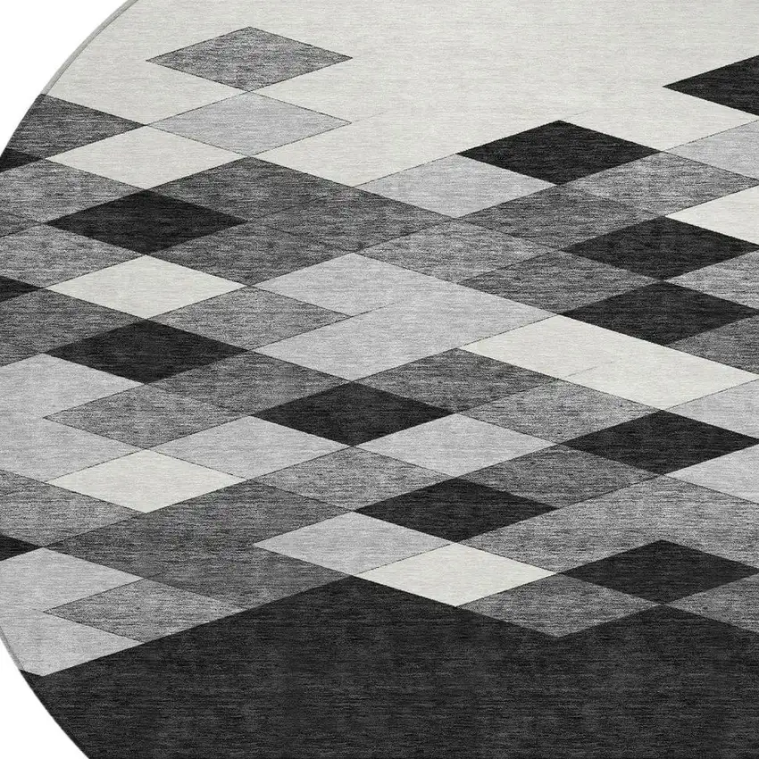 8' Black And Gray Round Geometric Washable Indoor Outdoor Area Rug Photo 5