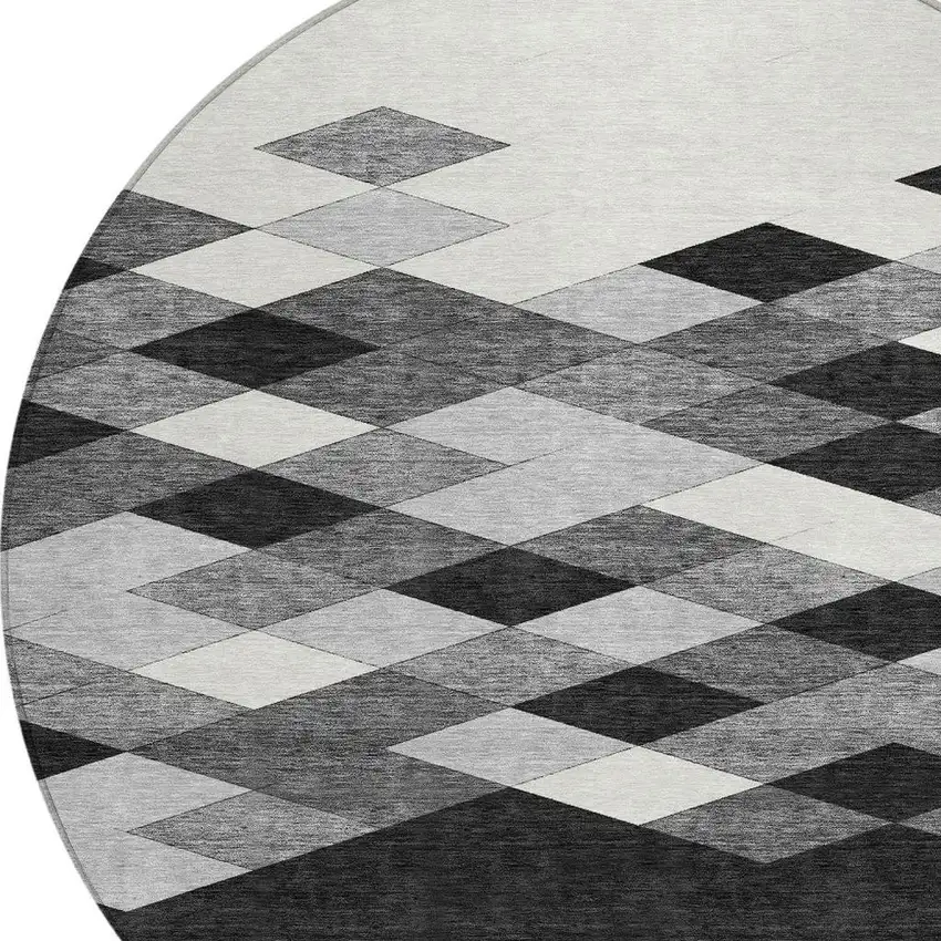 8' Black And Gray Round Geometric Washable Indoor Outdoor Area Rug Photo 4