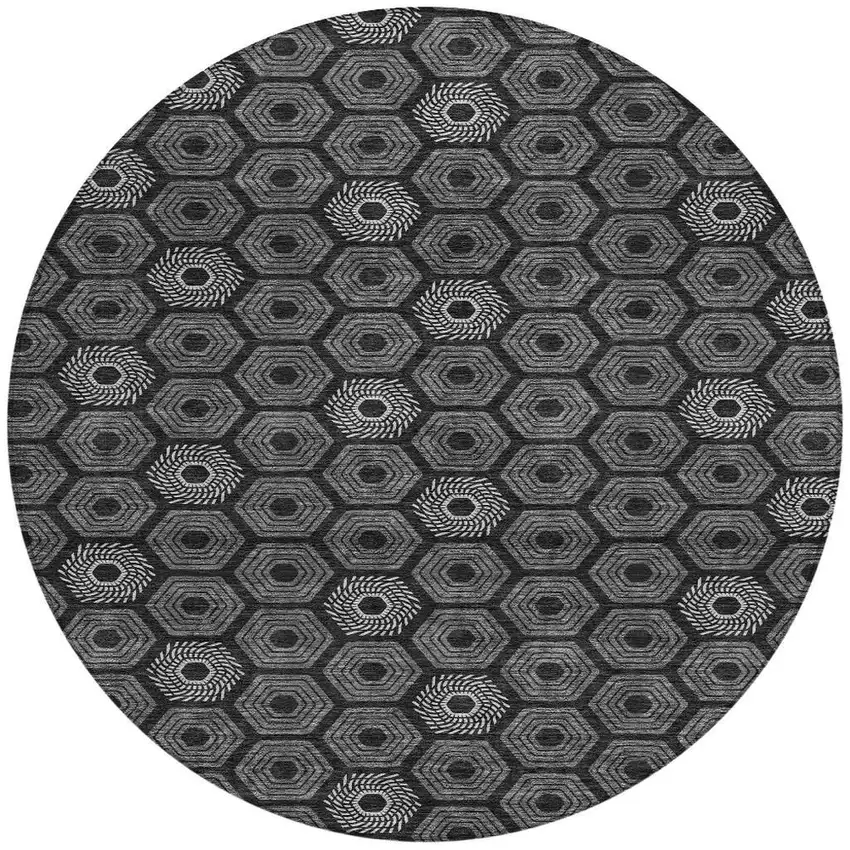 8' Black And Gray Round Geometric Washable Indoor Outdoor Area Rug Photo 4