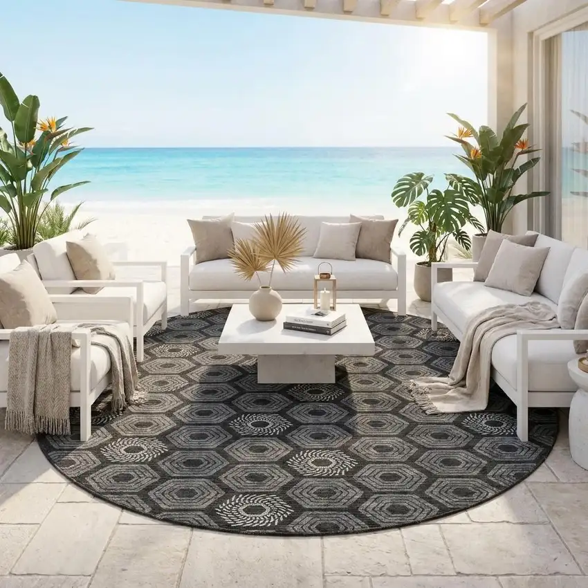 8' Black And Gray Round Geometric Washable Indoor Outdoor Area Rug Photo 1