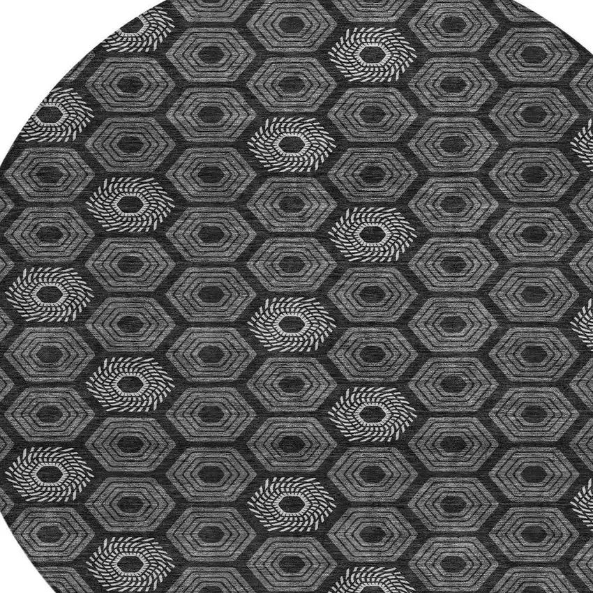 8' Black And Gray Round Geometric Washable Indoor Outdoor Area Rug Photo 3
