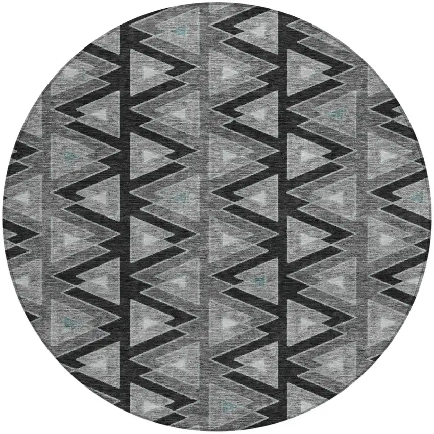 8' Black And Gray Round Geometric Washable Indoor Outdoor Area Rug Photo 2