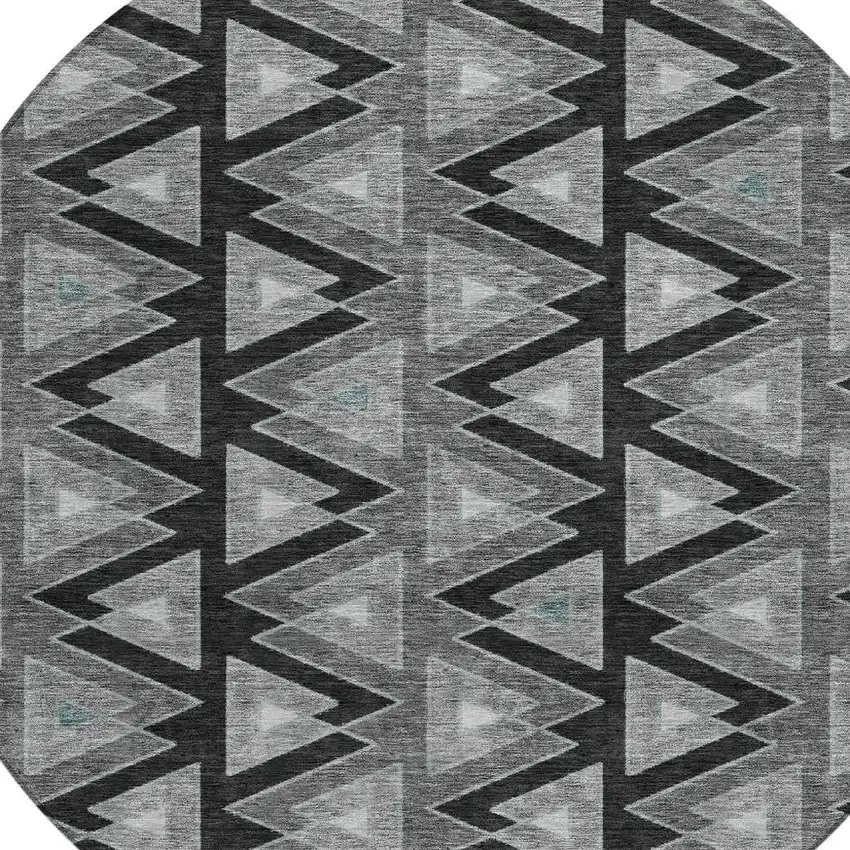 8' Black And Gray Round Geometric Washable Indoor Outdoor Area Rug Photo 3