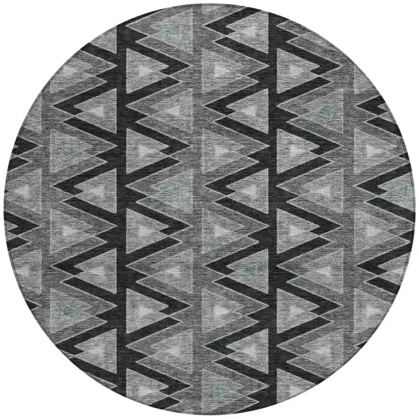 8' Black And Gray Round Geometric Washable Indoor Outdoor Area Rug Photo 4
