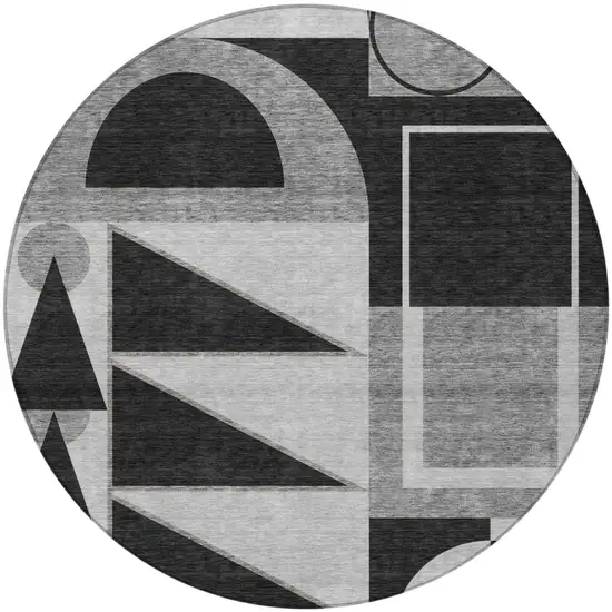 8' Black And Gray Round Geometric Washable Indoor Outdoor Area Rug Photo 1