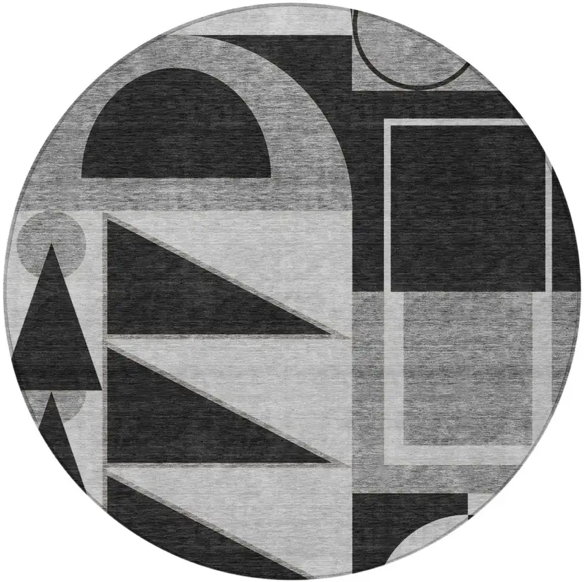 8' Black And Gray Round Geometric Washable Indoor Outdoor Area Rug Photo 1