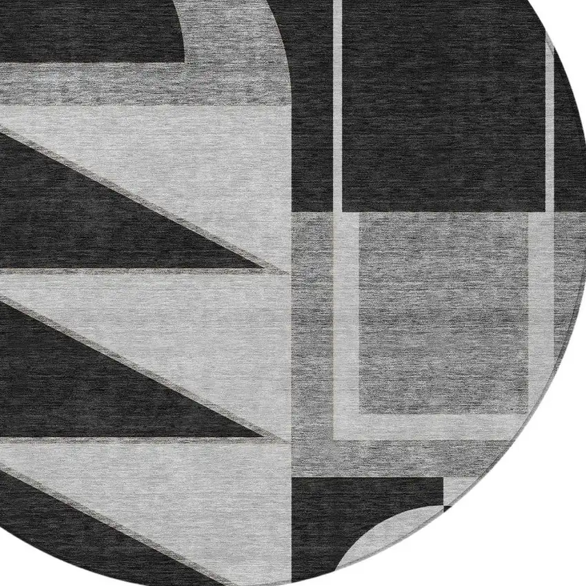 8' Black And Gray Round Geometric Washable Indoor Outdoor Area Rug Photo 2