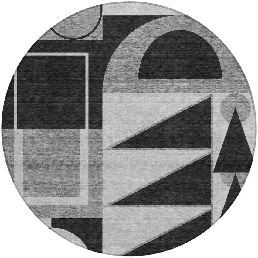 8' Black And Gray Round Geometric Washable Indoor Outdoor Area Rug Photo 3