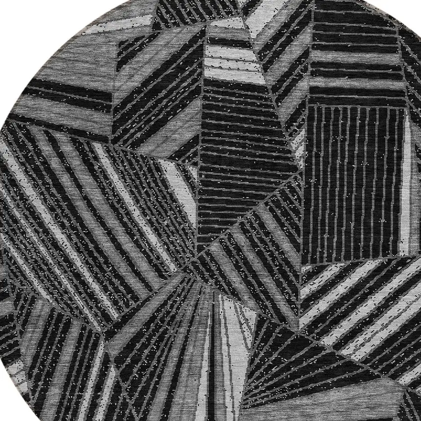 8' Black And Gray Round Geometric Washable Indoor Outdoor Area Rug Photo 4