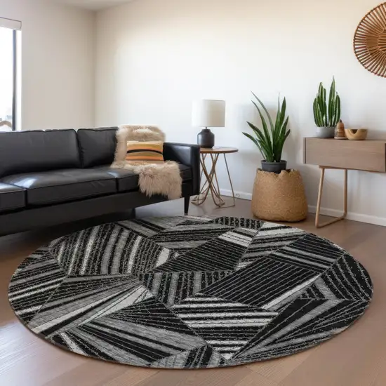 8' Black And Gray Round Geometric Washable Indoor Outdoor Area Rug Photo 8