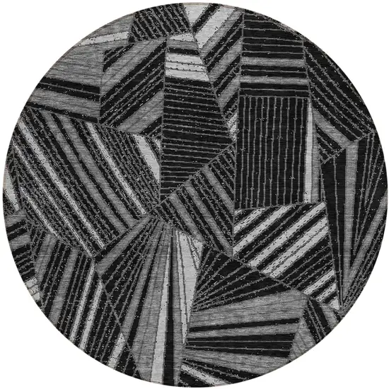 8' Black And Gray Round Geometric Washable Indoor Outdoor Area Rug Photo 2