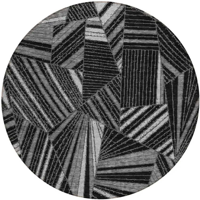 8' Black And Gray Round Geometric Washable Indoor Outdoor Area Rug Photo 2