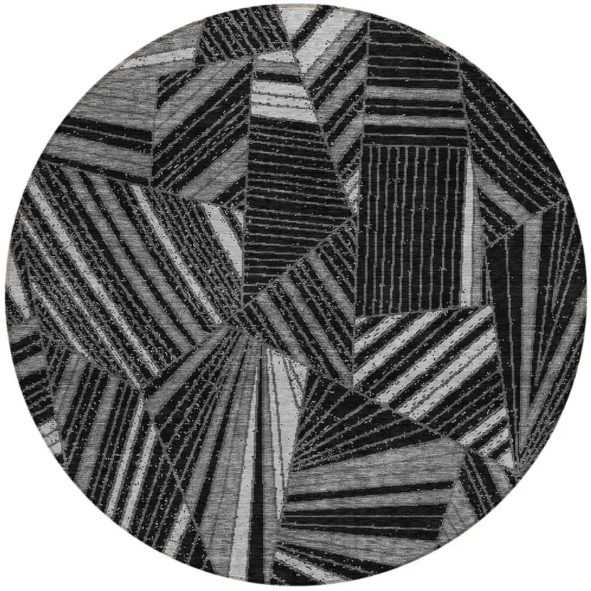 8' Black And Gray Round Geometric Washable Indoor Outdoor Area Rug Photo 6