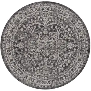 Photo of 5' Black And Gray Round Medallion Indoor Outdoor Area Rug