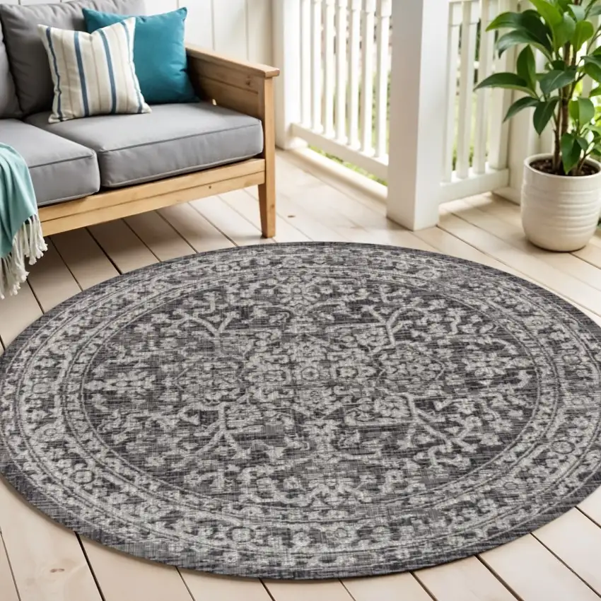 6' Black And Gray Round Medallion Indoor Outdoor Area Rug Photo 1