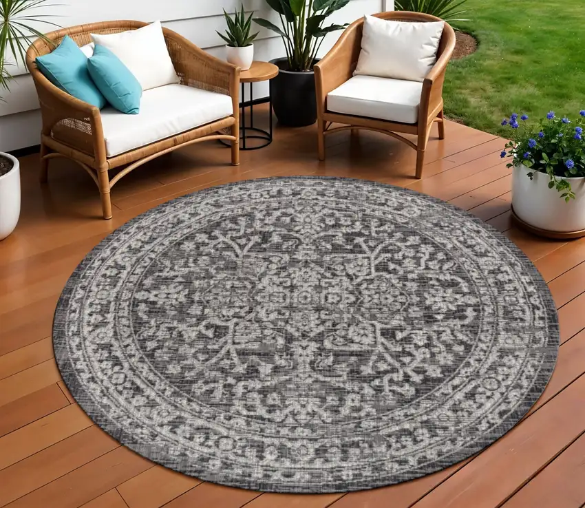 8' Black And Gray Round Medallion Indoor Outdoor Area Rug Photo 1